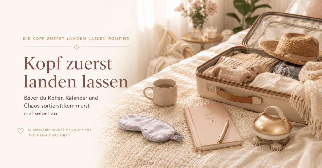 Grafik mit offenem Koffer, Tasse, Schlafmaske, Notizbuch und Kopfmassagegerät auf einem gemütlichen Bett. Dazu der Text „Kopf zuerst landen lassen“ als visuelle Unterstützung für eine sanfte Routine gegen das Energieloch nach dem Urlaub.