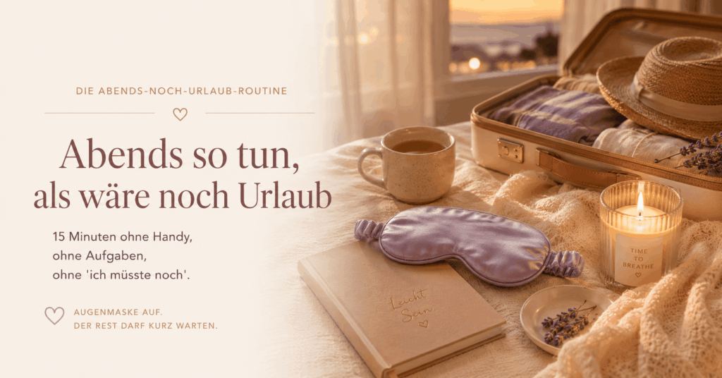 Grafik mit offenem Koffer, Tasse, Lavendel-Augenmaske, Notizbuch und Kerze in warmer Abendstimmung. Dazu der Text „Abends so tun, als wäre noch Urlaub“ als Unterstützung für eine sanfte Abendroutine nach dem Urlaub.