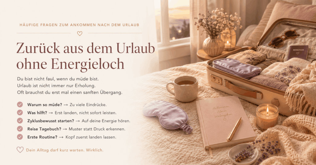 Grafik mit offenem Koffer, Tasse, Schlafmaske, Notizbuch und Kerze in gemütlicher Abendstimmung. Dazu eine Übersicht mit häufigen Fragen zum Ankommen nach dem Urlaub und sanften Impulsen gegen das typische Energieloch.
