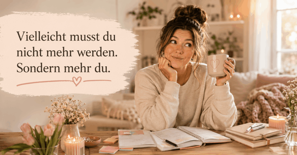 Gemütliche Frau mit Tasse, Planer und ruhiger Atmosphäre als Symbol für zyklusbewusstes Leben, Selbstvertrauen und einen Alltag, der mehr nach dir kling