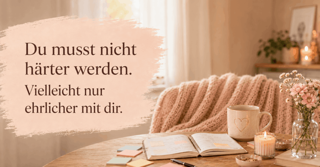 Frau sitzt mit Tasse und offenem Planer in einer warmen, gemütlichen Umgebung und steht für ein Leben, das mehr zum eigenen Rhythmus und zur eigenen Persönlichkeit passt.