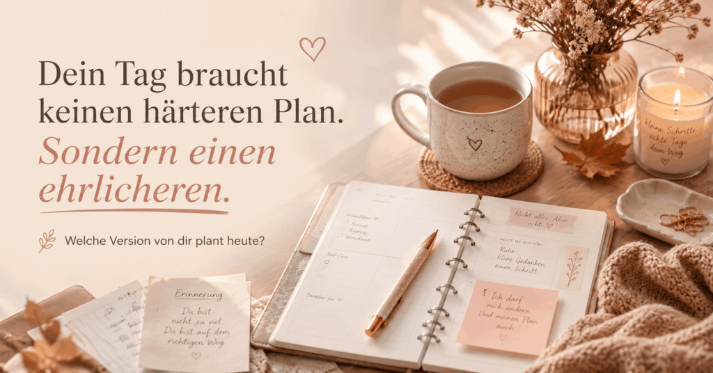Gemütliches Herbstbild mit offenem Planer, Tee, Kerze und warmen Naturtönen. Im Bild steht der Spruch: „Dein Tag braucht keinen härteren Plan. Sondern einen ehrlicheren.“ Darunter: „Welche Version von dir plant heute?“