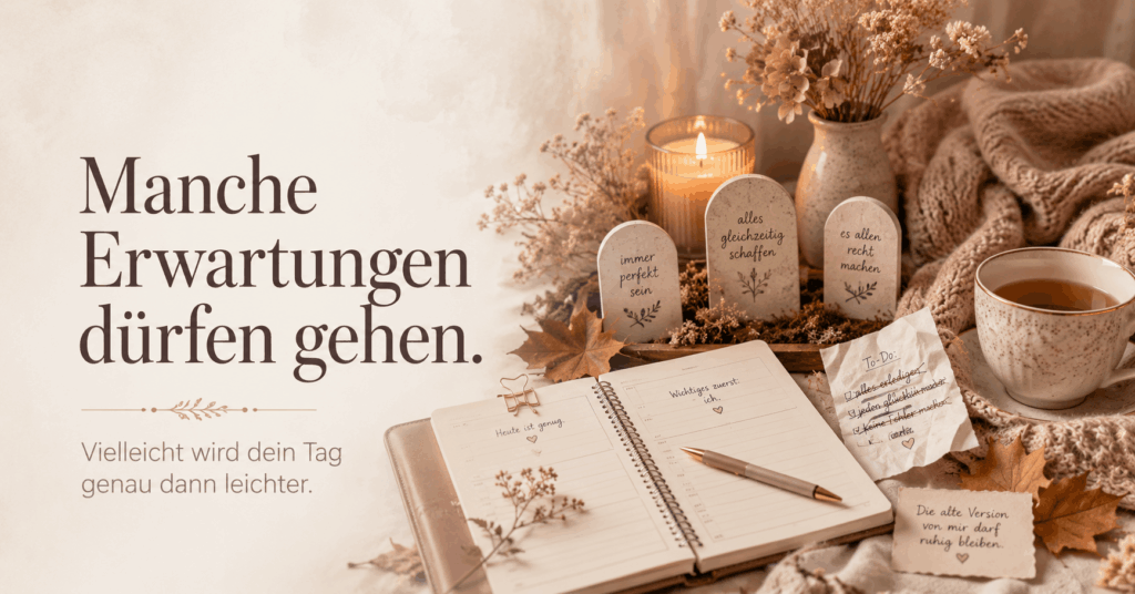 Warmes Herbstbild mit offenem Planer, Tee, Kerze und kleinen symbolischen Grabsteinen für alte Erwartungen. Im Bild steht der Spruch: „Manche Erwartungen dürfen gehen. Vielleicht wird dein Tag genau dann leichter.“
