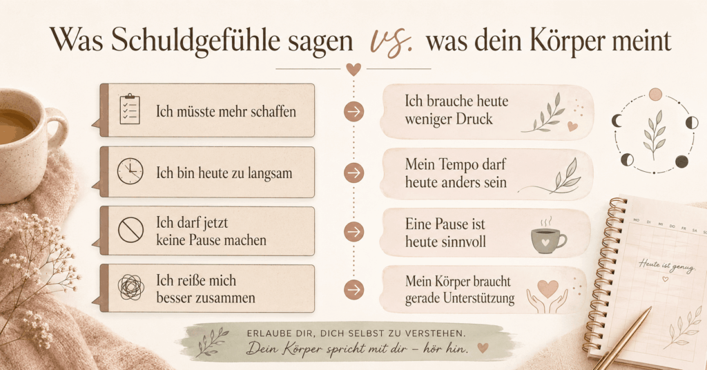 Infografik über Schuldgefühle und Körpersignale mit Kaffee, Kalender und zyklusbewussten Impulsen.