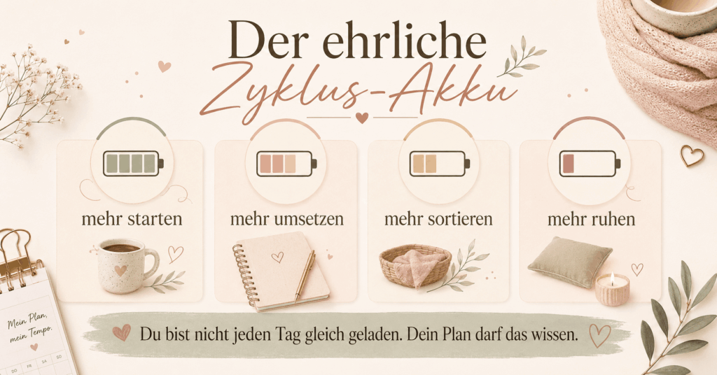 Infografik zum ehrlichen Zyklus-Akku mit vier Energiephasen und alltagsnahen Impulsen.