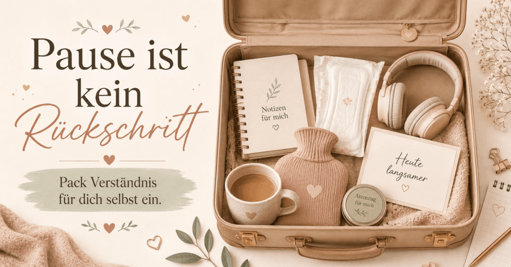 Grafik in warmen Beige- und Rosétönen mit offenem Koffer voller Selfcare-Dinge wie Notizbuch, Periodenprodukt, Kopfhörer, Kaffee, Wärmflasche und Karte mit „Heute langsamer“. Dazu der Text: „Pack Verständnis für dich selbst ein.“