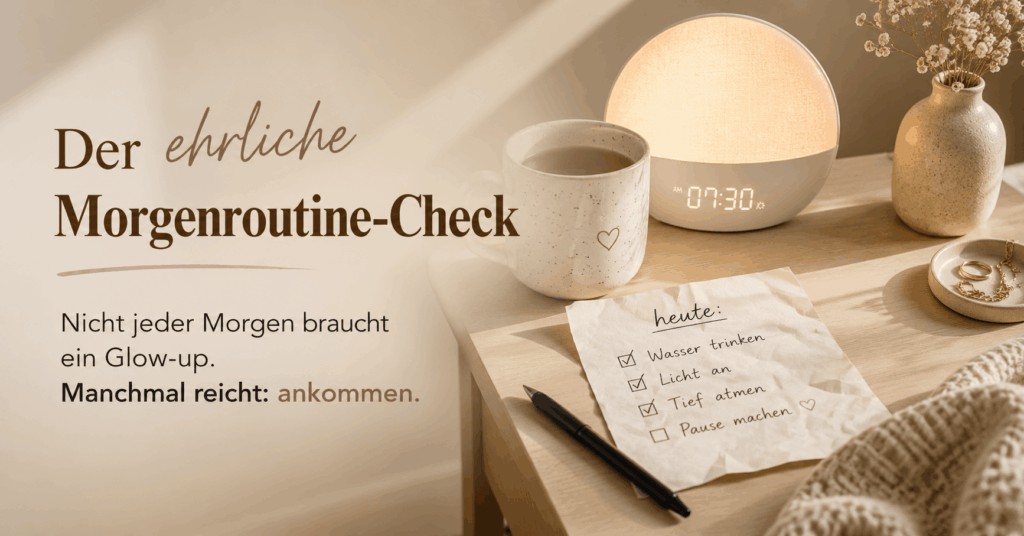 Minimalistische Morgenroutine-Grafik mit Tasse, Tageslichtwecker, zerknitterter Checkliste und Stift auf einem warm beleuchteten Nachttisch. Der Bildtext lautet: „Nicht jeder Morgen braucht ein Glow-up. Manchmal reicht: ankommen.“