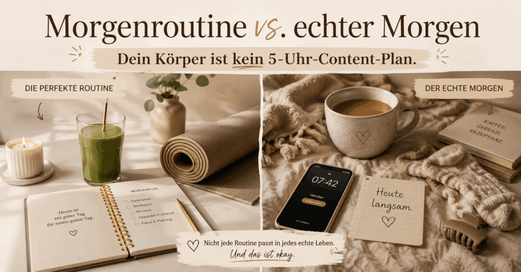 Split-Screen-Grafik zur Morgenroutine: Links eine perfekte Routine mit Journal, grünem Smoothie und Yoga-Matte, rechts ein echter Morgen mit Tasse, Socken, Handy und Notizzettel „Heute langsam“. Der Bildtext lautet: „Dein Körper ist kein 5-Uhr-Content-Plan.“