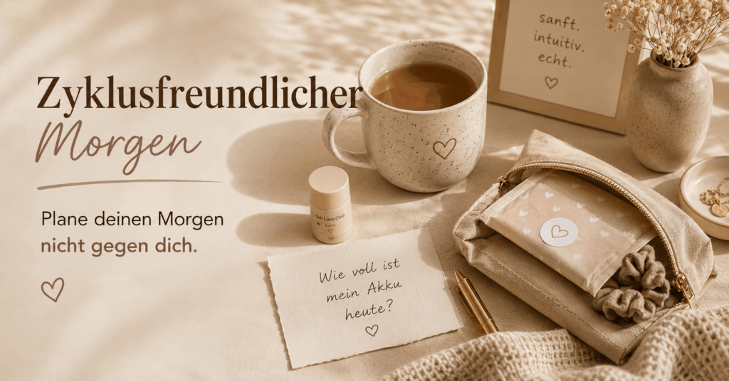 Warme Flatlay-Grafik mit Tasse, Periodenprodukt, kleiner Pflege, Notizkarte mit der Frage „Wie voll ist mein Akku heute?“ und sanftem Morgenlicht. Der Bildtext lautet: „Plane deinen Morgen nicht gegen dich.“