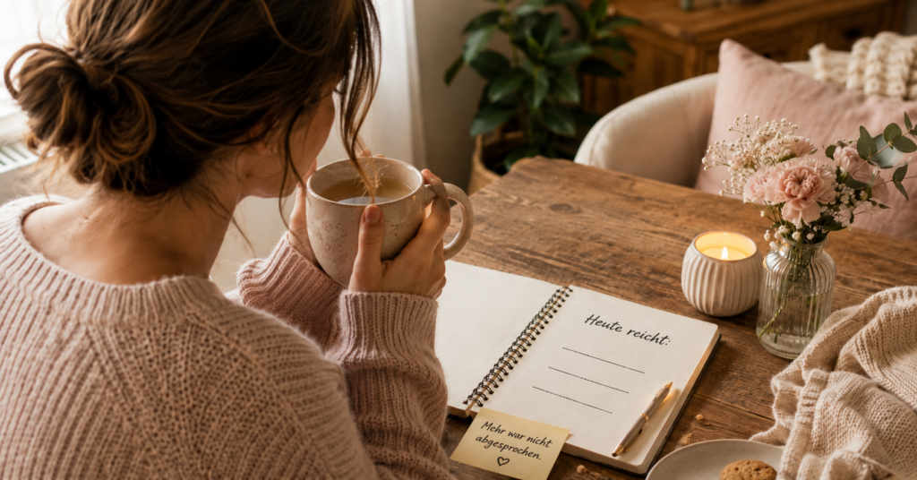 Eine Frau sitzt mit einer Tasse Tee oder Kaffee an einem Holztisch. Vor ihr liegt ein offenes Notizbuch mit der Überschrift „Heute reicht:“ und drei freien Linien. Die Szene ist warm, ruhig und gemütlich, mit Blumen, Kerze und weichem Licht.