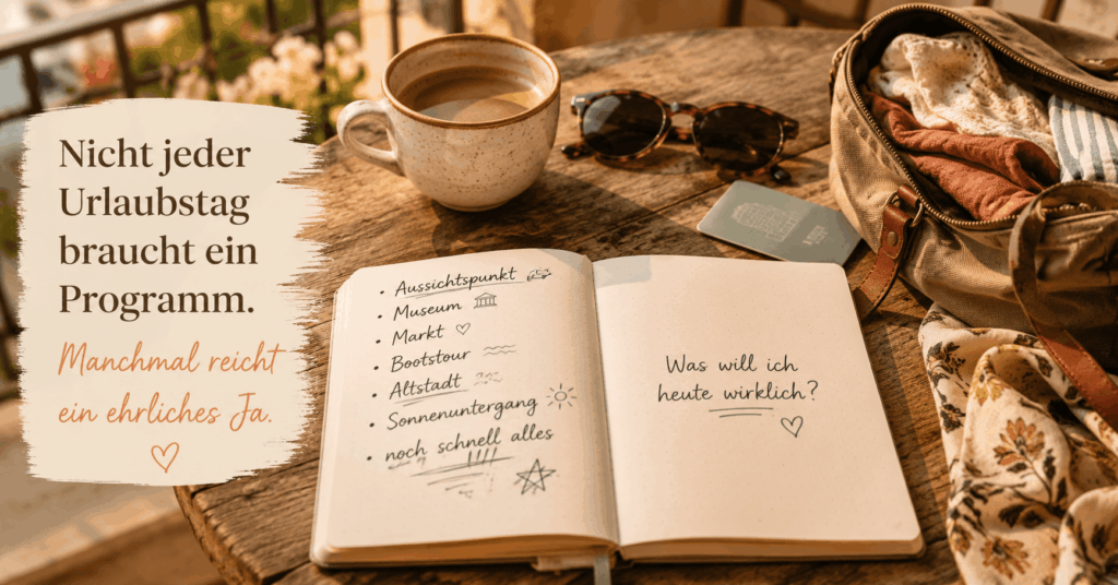 Offenes Notizbuch auf einem kleinen Hoteltisch mit chaotischer Urlaubs-To-do-Liste links und der Frage „Was will ich heute wirklich?“ rechts, daneben Kaffee, Sonnenbrille, Hotelkarte und halb gepackte Tasche als Symbol für bewusstes Reisen ohne FOMO.