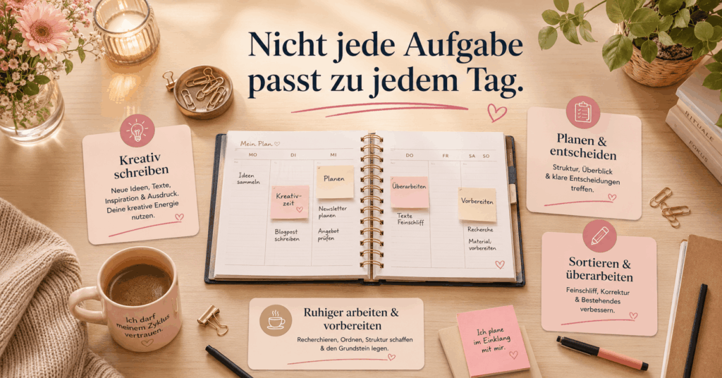 Warme Schreibtisch-Grafik mit offenem Kalender, Kaffee, Notizen und vier Aufgabenbereichen: kreativ schreiben, planen und entscheiden, sortieren und überarbeiten sowie ruhiger arbeiten und vorbereiten. Die Grafik zeigt, wie zyklusbewusstes Arbeiten bei Selbstständigen helfen kann, Aufgaben besser nach Energie und Tagesform zu verteilen.
