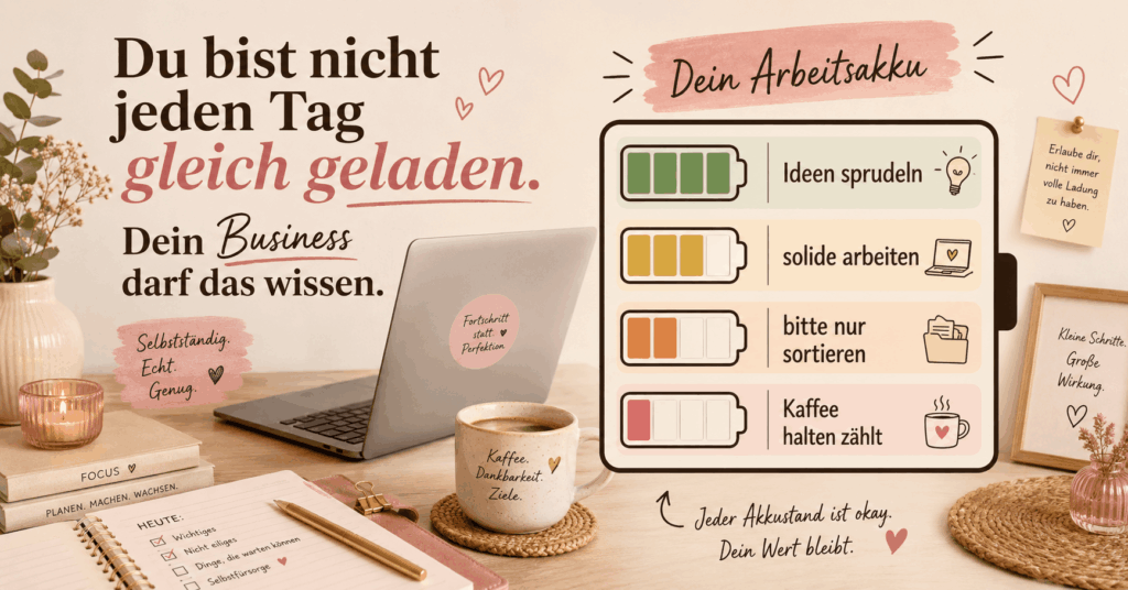 Warme Schreibtisch-Grafik mit Laptop, Kaffee und Notizbuch sowie einem humorvollen Arbeitsakku mit vier Ladeständen: Ideen sprudeln, solide arbeiten, bitte nur sortieren und Kaffee halten zählt. Die Grafik zeigt auf klare und moderne Weise, dass Selbstständige nicht jeden Tag gleich viel Energie haben und Aufgaben besser an ihre Tagesform anpassen dürfen.