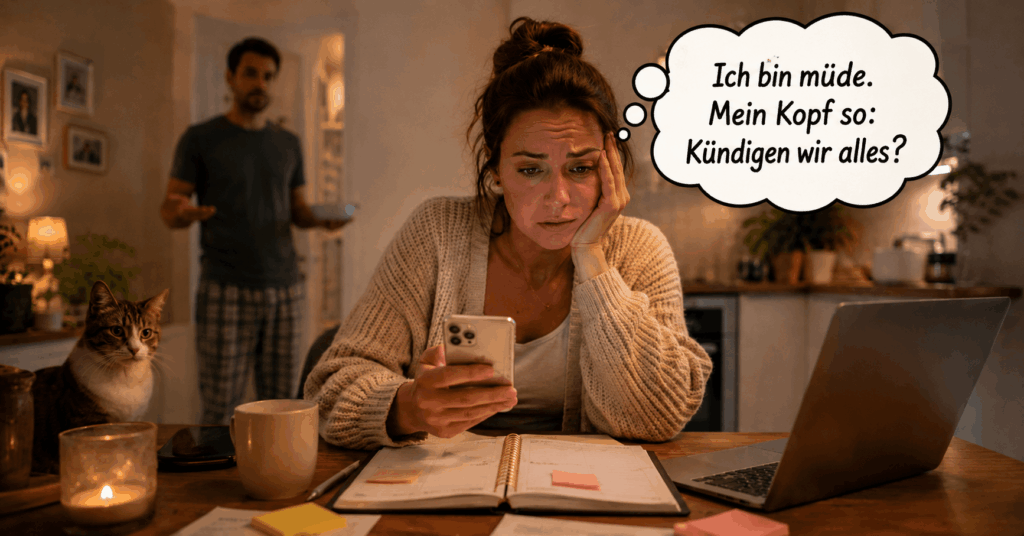 Eine müde Frau sitzt abends mit Handy, Laptop und offenem Kalender am Tisch und wirkt überfordert. Im Hintergrund steht unscharf ein Mann, auf dem Bild ist eine humorvolle Sprechblase zu sehen: „Ich bin müde. Mein Kopf so: Kündigen wir alles?“