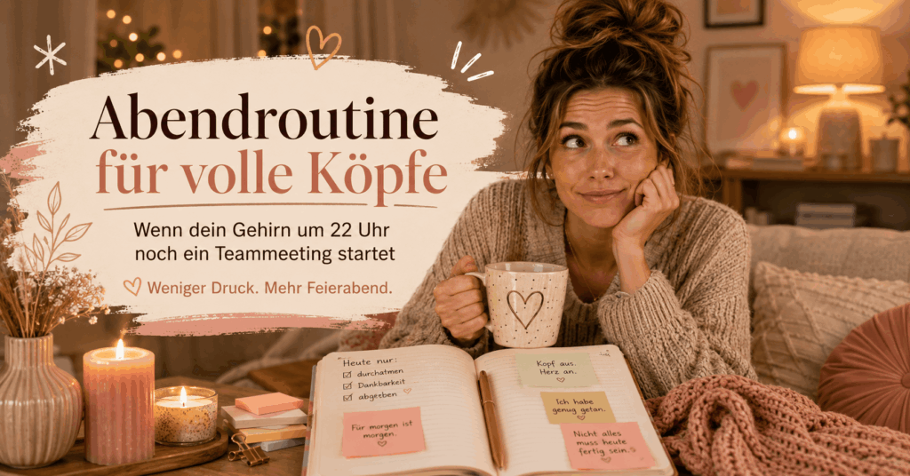 Eine Frau sitzt abends mit Tee und Journal in einer warmen Wohnzimmerszene. Die Grafik trägt den Text „Abendroutine für volle Köpfe“ und zeigt humorvoll, wie der Kopf um 22 Uhr noch ein Teammeeting startet. Passend zu einem Blogartikel über einfache Abendroutine, Gedanken sortieren und mehr Feierabend.