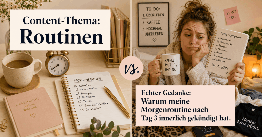 Eine visuelle Gegenüberstellung von „Content-Thema: Routinen“ und dem echten Gedanken dahinter, als Inspiration für Bloggerinnen, die persönliche Blogideen aus ihrem Alltag entwickeln möchten.