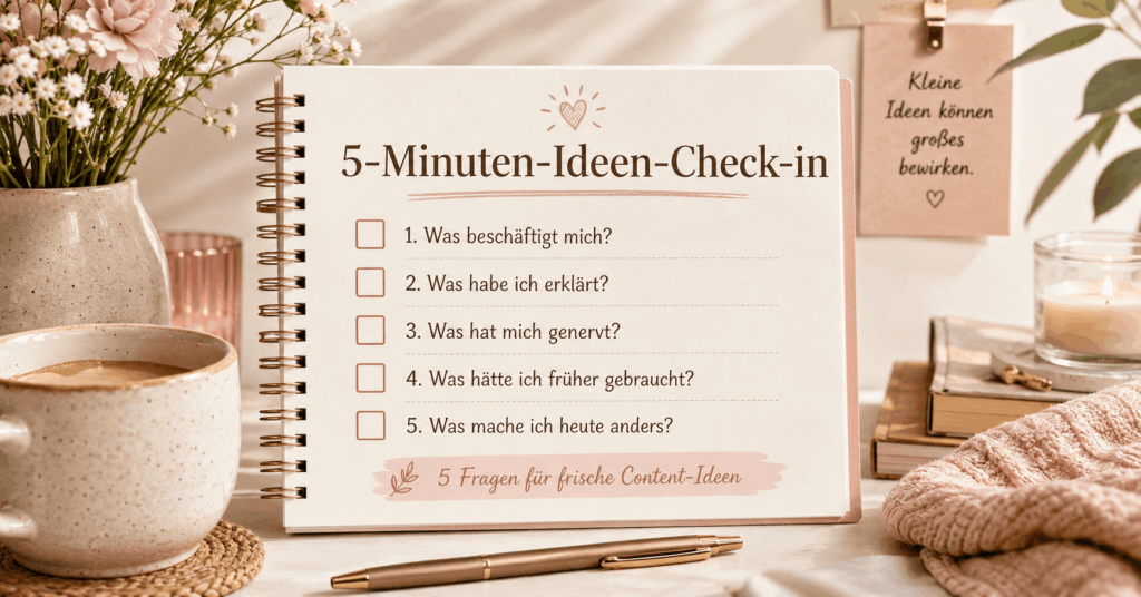 Eine warme, feminine Schreibtischszene mit einer visuellen Checkliste zum 5-Minuten-Ideen-Check-in, die Bloggerinnen dabei hilft, neue Content-Ideen aus dem Alltag zu entwickeln.