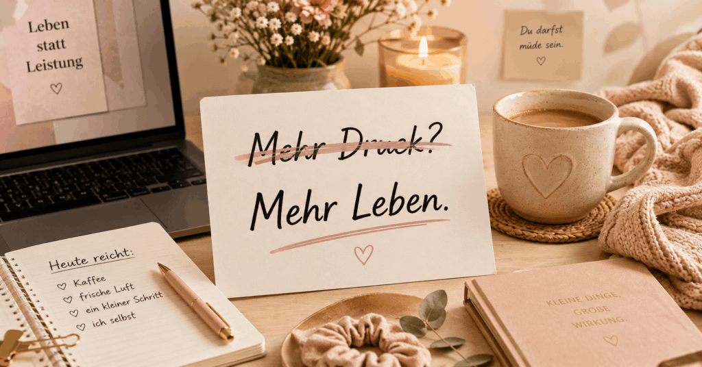 Eine warme, ruhige Alltagsszene mit Laptop, Kaffee, Notizbuch und einem Schild mit der Aussage „Mehr Druck?“ durchgestrichen und „Mehr Leben.“ als Botschaft für weniger Selbstdruck im Alltag.