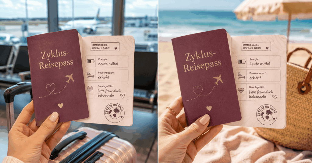 Geteiltes Reisebild mit einem humorvollen Zyklus-Reisepass in der Hand: einmal am Flughafen und einmal am Strand, als Symbol dafür, dass der Zyklus auch auf Reisen mitgedacht werden darf.