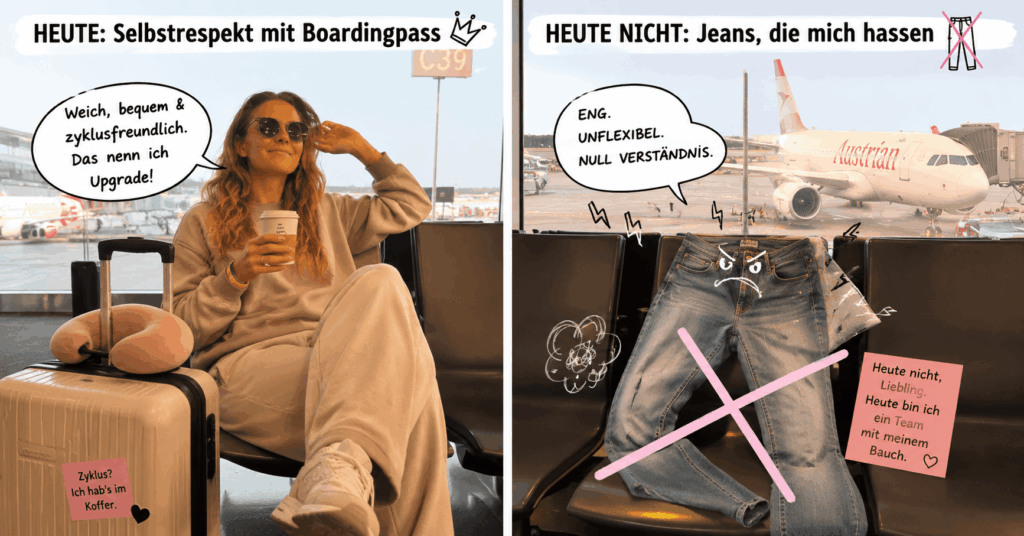 Humorvolles geteiltes Flughafenbild: Eine Frau sitzt entspannt in bequemer Kleidung mit Kaffee am Gate, daneben liegt eine enge Jeans als Symbol für unbequeme Reiseoutfits und zyklusbewusstes Reisen.