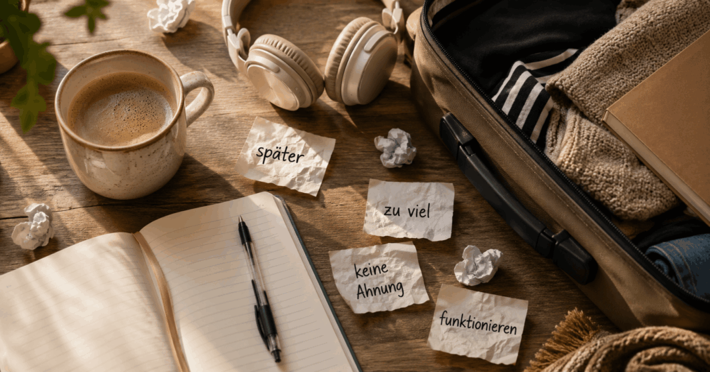 Humorvolle Flatlay-Szene mit Kaffeetasse, offenem Notizbuch, Kopfhörern, zerknüllten Zetteln mit Worten wie „später“, „zu viel“, „keine Ahnung“ und „funktionieren“ sowie einem halb offenen Koffer als Symbol für emotionale Überforderung im zyklusbewussten Alltag.