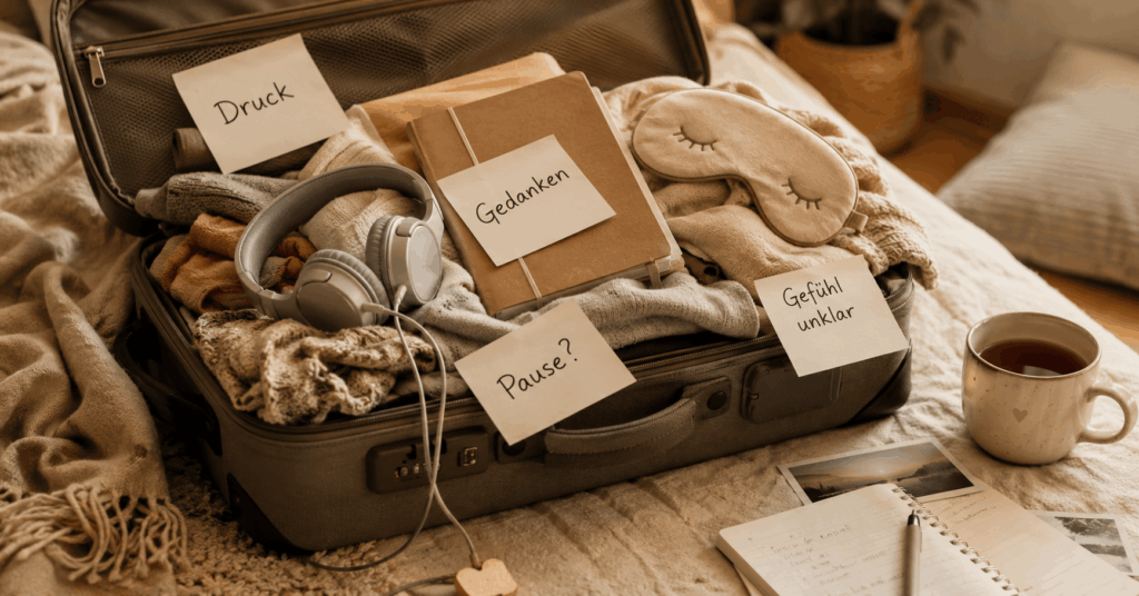 Ein offen liegender, überpackter Koffer mit Kopfhörern, Journal, Schlafmaske, Tasse Tee und Notizzetteln mit Worten wie „Druck“, „Gedanken“, „Pause?“ und „Gefühl unklar“ als Symbol für emotionale Überladung im zyklusbewussten Alltag.