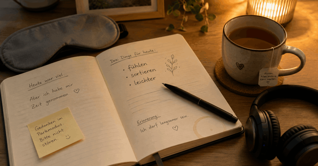 Ruhige, humorvolle Szene mit offenem Journal, Stift, Schlafmaske, Kopfhörern und einer Tasse Tee im warmen Abendlicht. Im Journal stehen Worte wie „fühlen“, „sortieren“ und „leichter“ als Symbol für mehr Klarheit nach einem ehrlichen Moment mit sich selbst.