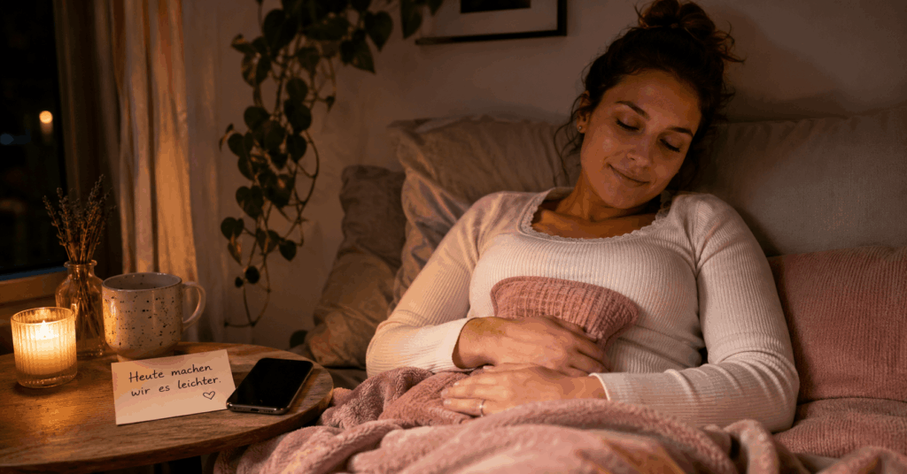Frau mit Wärmekissen und Decke entspannt abends im Bett als Symbol für zyklusbewusste Selbstfürsorge, Schlaf und mehr Ruhe vor der Periode.