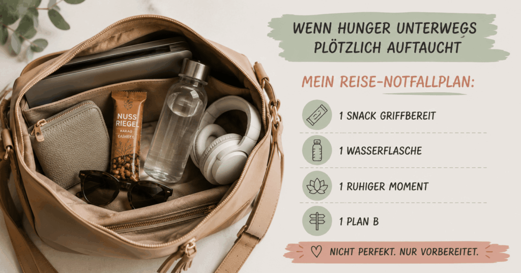 Infografik mit geöffneter Reiserucksack-Tasche von oben. Darin liegen Snack, Wasserflasche, Kopfhörer, Sonnenbrille und Reisedokumente als Reise-Notfallplan für unterwegs.