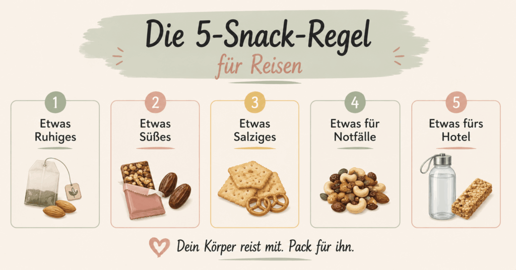 Minimalistische Infografik zur 5-Snack-Regel für Reisen mit fünf Snack-Kategorien auf hellem Hintergrund: etwas Ruhiges, etwas Süßes, etwas Salziges, etwas für Notfälle und etwas fürs Hotel. Unten der Hinweis: „Dein Körper reist mit. Pack für ihn.“