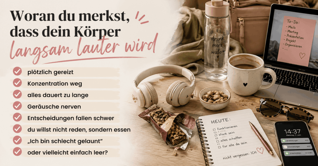 Infografik mit Schreibtisch, Laptop, Kaffee, Wasserflasche, Kopfhörern und Snacks. Eine Checkliste zeigt typische Anzeichen wie Gereiztheit, Konzentrationsprobleme und Hunger unterwegs oder im Arbeitsalltag.
