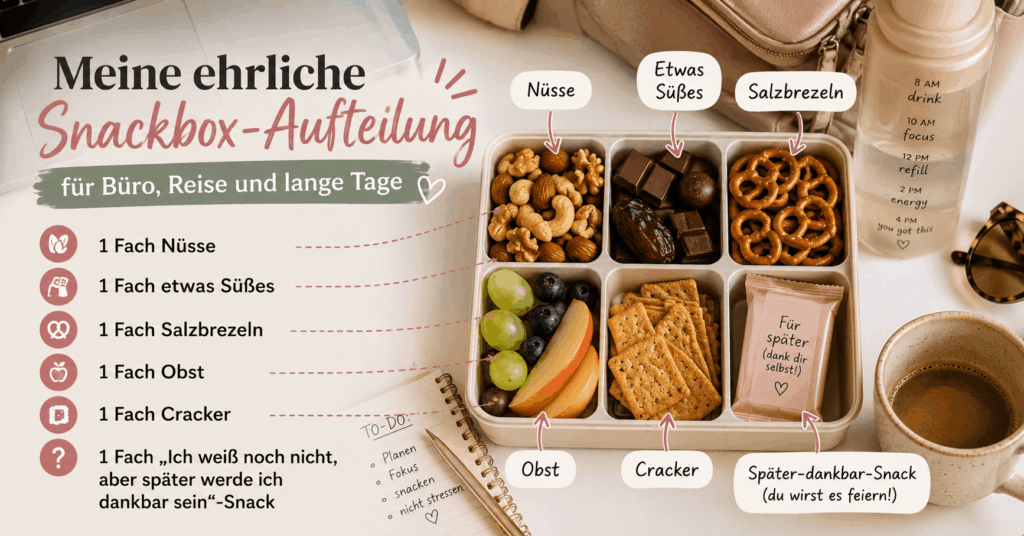 Infografik mit Snackbox auf einem Schreibtisch. Die Fächer enthalten Nüsse, etwas Süßes, Salzbrezeln, Obst, Cracker und einen Extra-Snack für Büro, Reise und lange Tage.