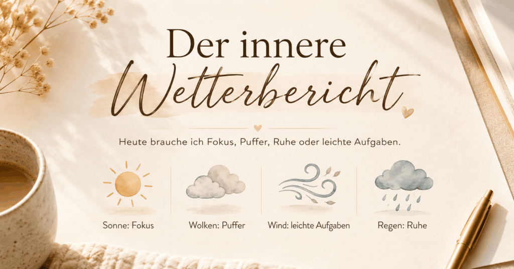 Warme Grafik mit Wetter-Symbolen für Fokus, Puffer, leichte Aufgaben und Ruhe als innerer Wetterbericht für zyklusbewusstes Planen.