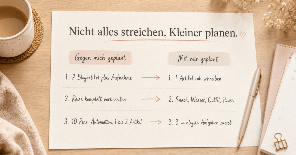 Warme Grafik auf einem Schreibtisch mit zwei Spalten „Gegen mich geplant“ und „Mit mir geplant“ und Beispielen für realistischere zyklusbewusste Planung im Alltag.