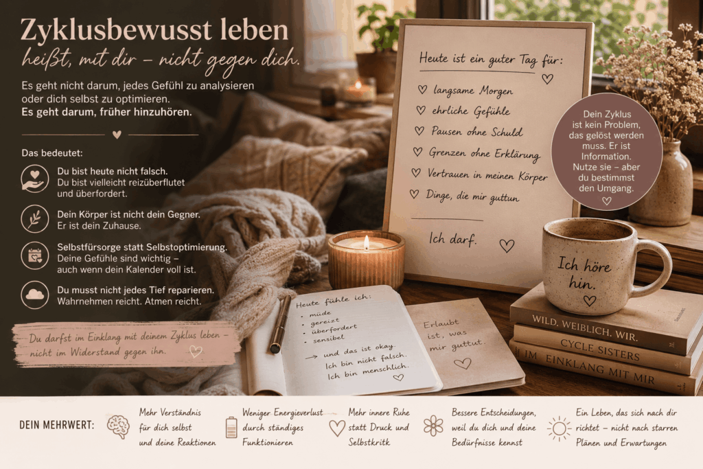 Warme Infografik zu zyklusbewusstem Leben mit Notizbuch, Tee, Kerze und Erlaubnisliste für mehr Selbstfürsorge statt Selbstoptimierung.