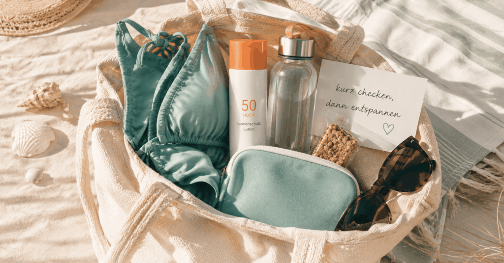 Periode am Strand: Praktische Strandtaschen-Checkliste für den Urlaub Strandtasche mit Bikini, Sonnencreme, Wasserflasche, Snack und kleinem Beutel als einfache Vorbereitung für Periode am Strand und zyklusbewussten Urlaub.