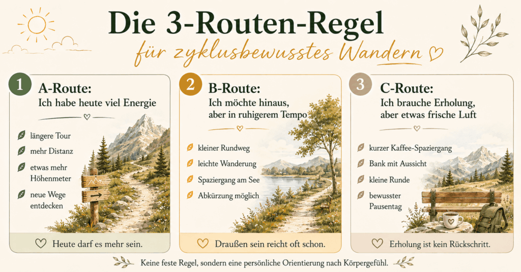 Infografik zur 3-Routen-Regel für zyklusbewusstes Wandern mit drei Optionen: längere Tour bei mehr Energie, ruhigerer Rundweg bei weniger Kraft und kurze Runde oder Pausentag, wenn der Körper Erholung braucht.
