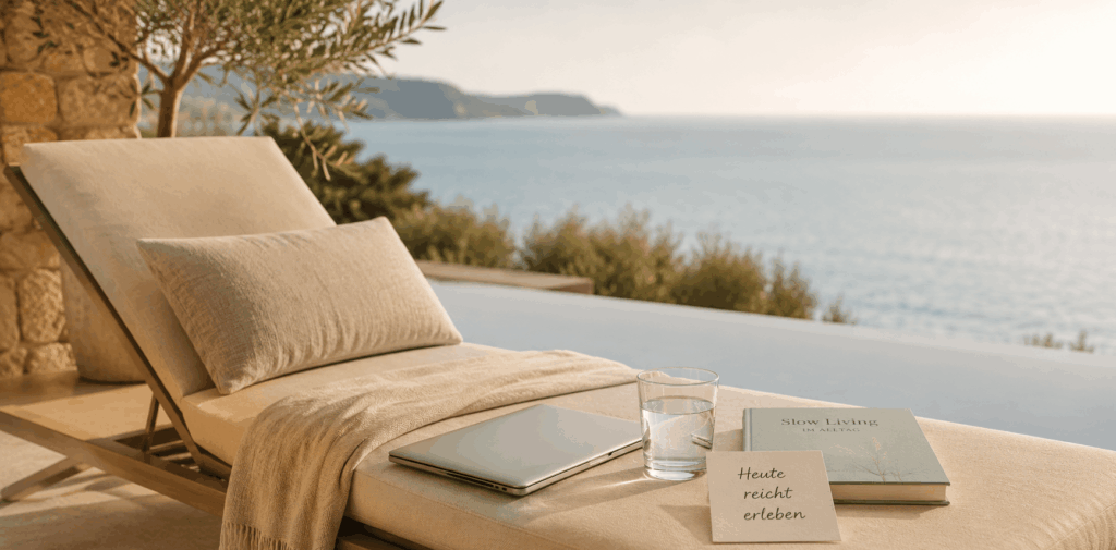 Sonnenliege am Pool mit geschlossenem Laptop, Wasserglas, Buch und Notizzettel „Heute reicht erleben“ als Symbol für Urlaub ohne schlechtes Gewissen.