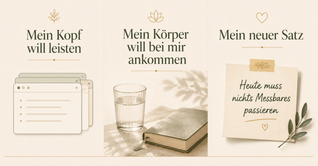 Ruhige Infografik mit drei Spalten: Mein Kopf will leisten, mein Körper will bei mir ankommen und mein neuer Satz Heute muss nichts Messbares passieren.