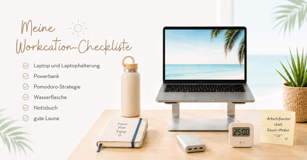 Minimalistische Workcation-Checkliste mit Laptop auf Ständer, Wasserflasche, Notizbuch, Powerbank, Pomodoro-Timer, Pflanze und dem Hinweis Arbeitsfenster statt Dauer-Modus.