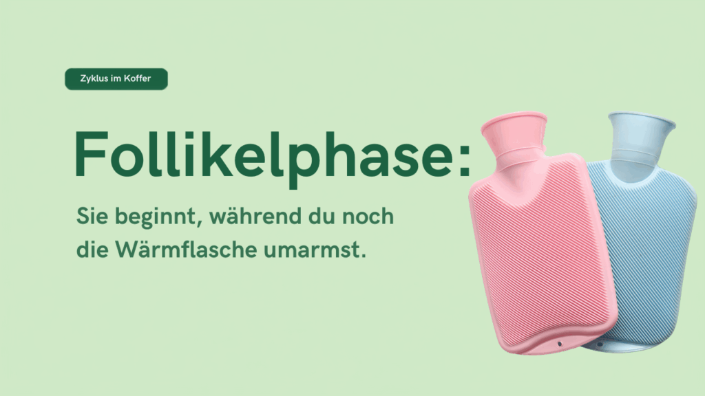 Beitragsbild zur Follikelphase mit einer rosa und einer blauen Wärmflasche auf mintgrünem Hintergrund und dem Text: Sie beginnt, während du noch die Wärmflasche umarmst.