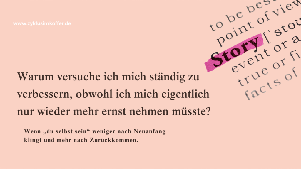 Pastellpinker Blog-Header von zyklusimkoffer.de mit der Frage, warum man versucht, sich ständig zu verbessern, obwohl man sich eigentlich nur wieder ernster nehmen müsste. Rechts ist ein Wörterbuch-Element mit dem hervorgehobenen Wort „Story“ zu sehen.