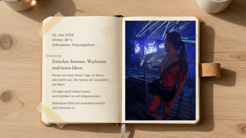 Aufgeschlagenes Erinnerungsbuch mit Notizen zur Eisprungsphase, 38 Grad und einem Festivalfoto als Symbol für Wachstum, Entscheidungen und zyklusbewusste Selbstfürsorge.