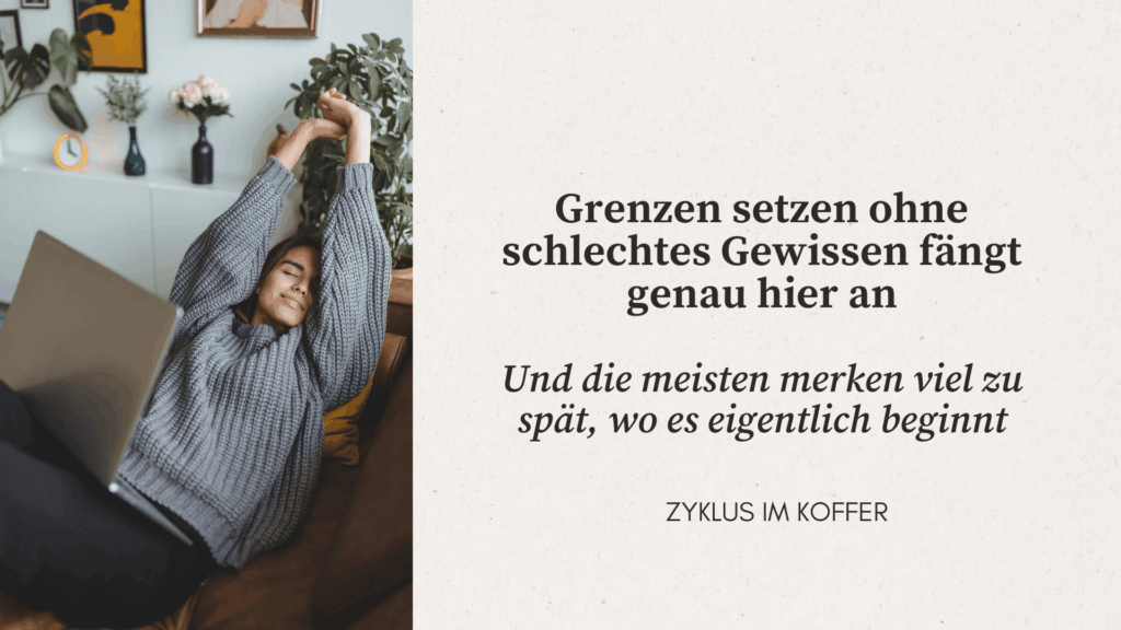 Frau sitzt entspannt auf dem Sofa und streckt sich, passend zum Blogartikel über Grenzen setzen ohne schlechtes Gewissen, Pausen und Selbstfürsorge im Alltag.