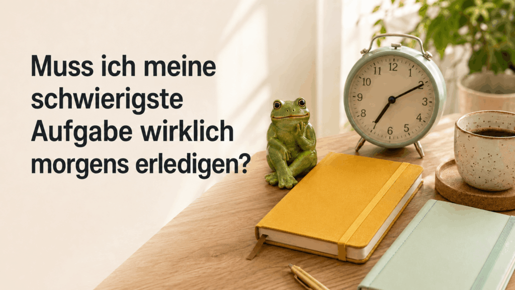 Grüner Frosch an einem Schreibtisch mit der Frage, ob die schwierigste Aufgabe wirklich morgens erledigt werden muss.