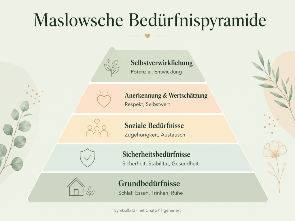 Symbolbild einer Maslowschen Bedürfnispyramide mit den Ebenen Grundbedürfnisse, Sicherheit, soziale Bedürfnisse, Anerkennung und Selbstverwirklichung als Orientierung für zyklusbewusstes Leben.