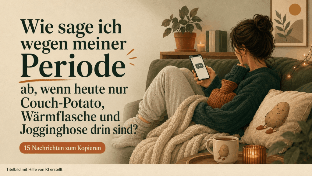 Illustration einer Frau in Jogginghose mit Wärmflasche und Handy auf dem Sofa. Dazu die Frage, wie sie wegen ihrer Periode absagen kann, wenn heute nur Couch-Potato, Wärmflasche und Jogginghose drin sind.