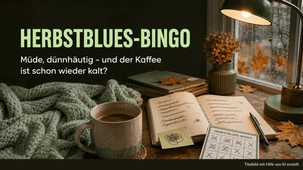 Herbstliches Titelbild mit kaltem Kaffee, Planer und Bingo-Karte. Darauf steht: „Müde, dünnhäutig – und der Kaffee ist schon wieder kalt?“