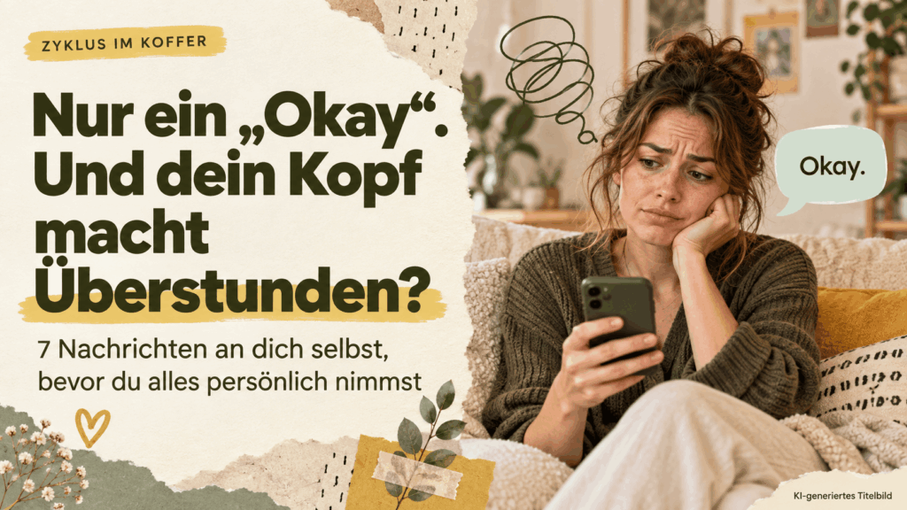 Besorgt blickende Frau am Smartphone neben einer Sprechblase mit „Okay.“ und der Überschrift „Nur ein Okay. Und dein Kopf macht Überstunden?“
