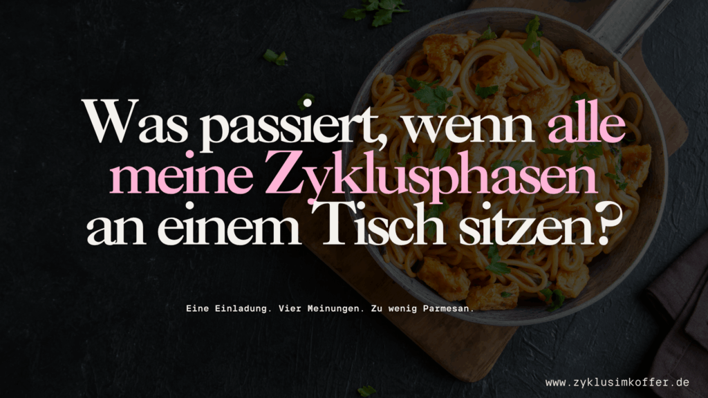 Gedeckter Tisch mit Pasta als Titelbild zur humorvollen Kurzgeschichte über vier Zyklusphasen beim gemeinsamen Abendessen.